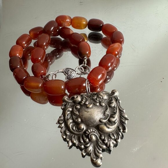 Genuine Carnelian Victorian Silver Pendant Gemstone Choker Goth Necklace Gift - Picture 5 of 7